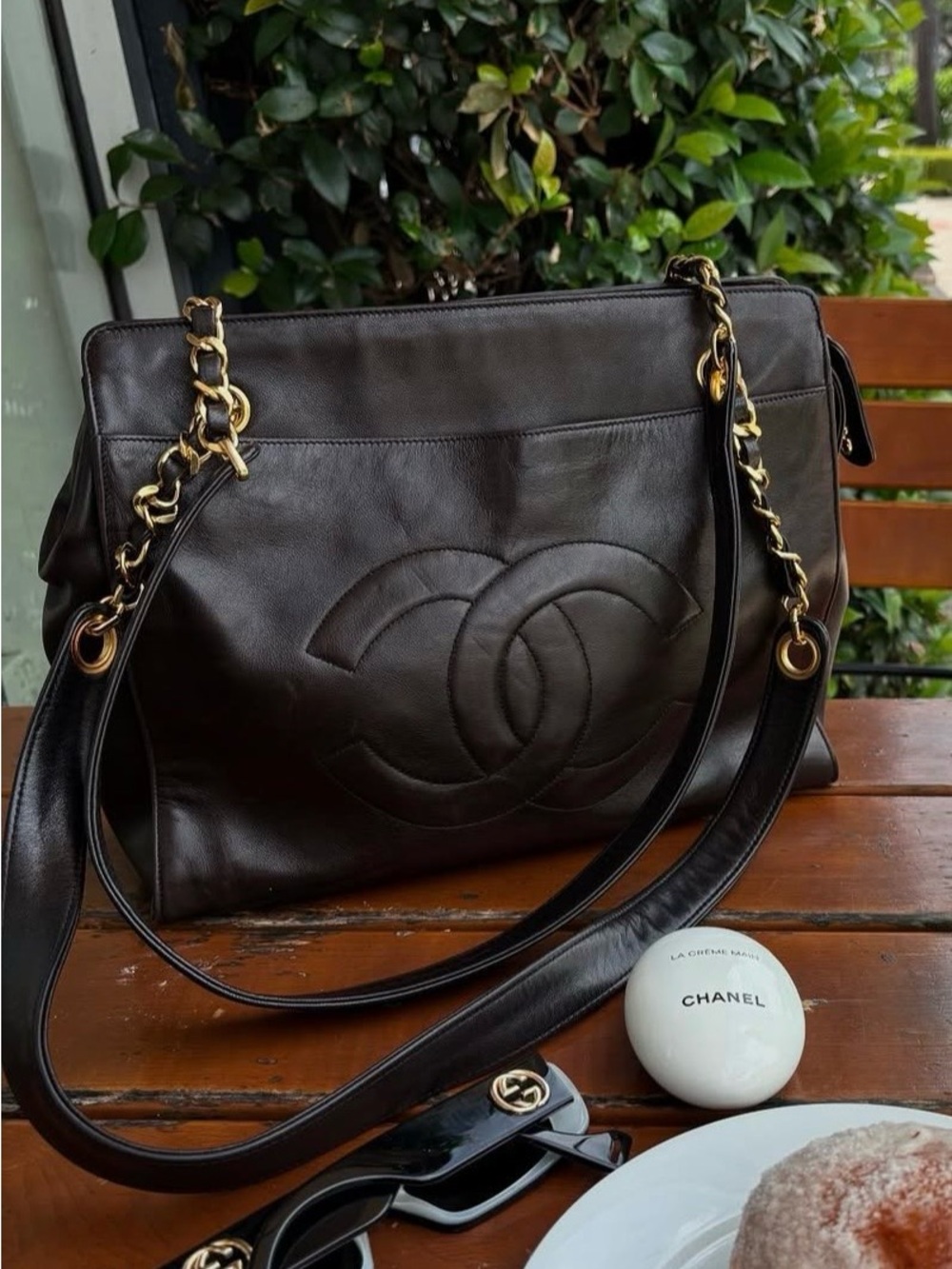 Vintage 90s CHANEL Black Quilted CC Logo Leather Shoulder Bag Shopping Tote